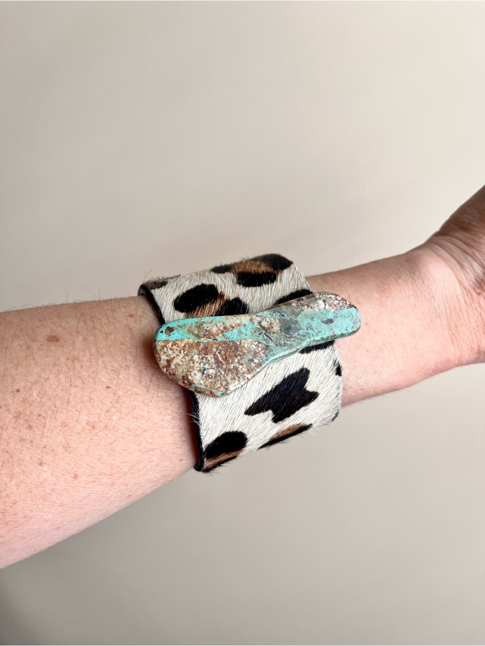 Leopard Print Leather Cuff Bracelet with Turquoise Stone